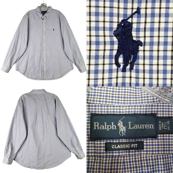 Polo Ralph Lauren Shirt Oxford Button Down LS Mens Size 17.5 XXL Blue Plaid - Picture 1 of 11
